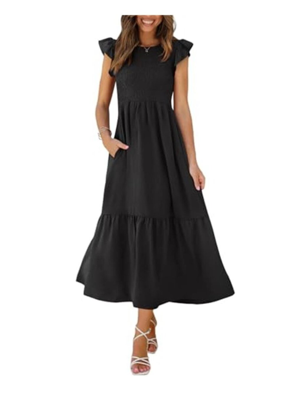 Womens Maxi Dress Flutter Sleeve Smocked Tiered Casual Summer Dress Pockets